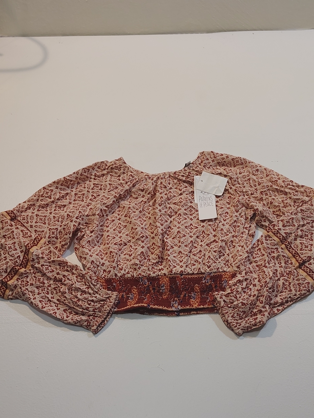 Patrons of Peace Blush Printed Boho Smocked Waist Blouse 100%rayon - Picture 2 of 12